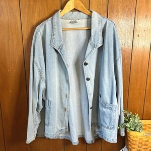 Main Street Blues Light Wash Denim Jacket Oversized Button Front Pockets Retro